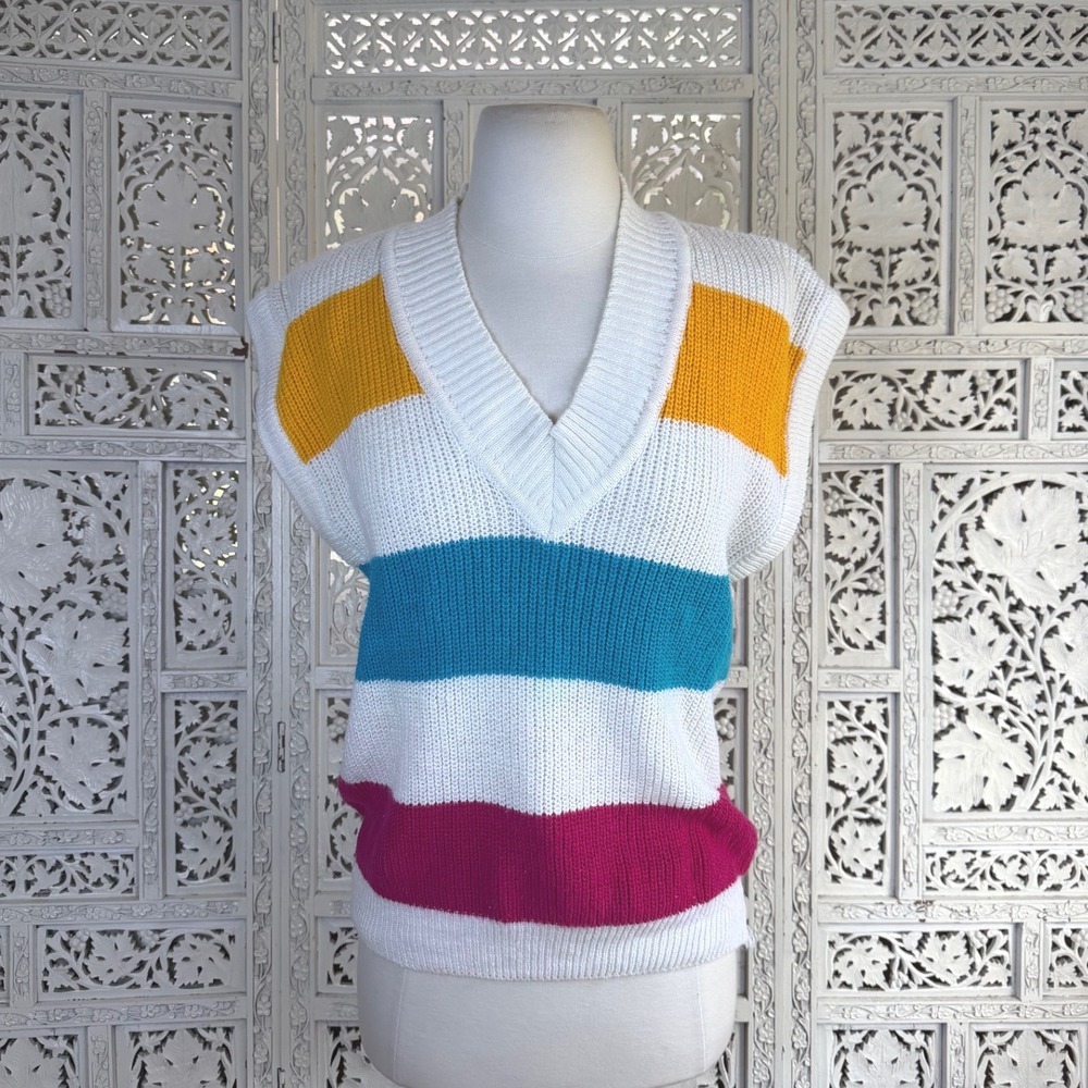 Vtg 80's Colorful Striped V Neck Sweater Vest Womens Large Retro Preppy Golf